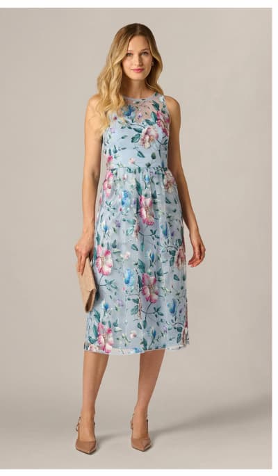 Sequin Beaded Floral Embroidery Illusion Midi Dress In Blue Multi