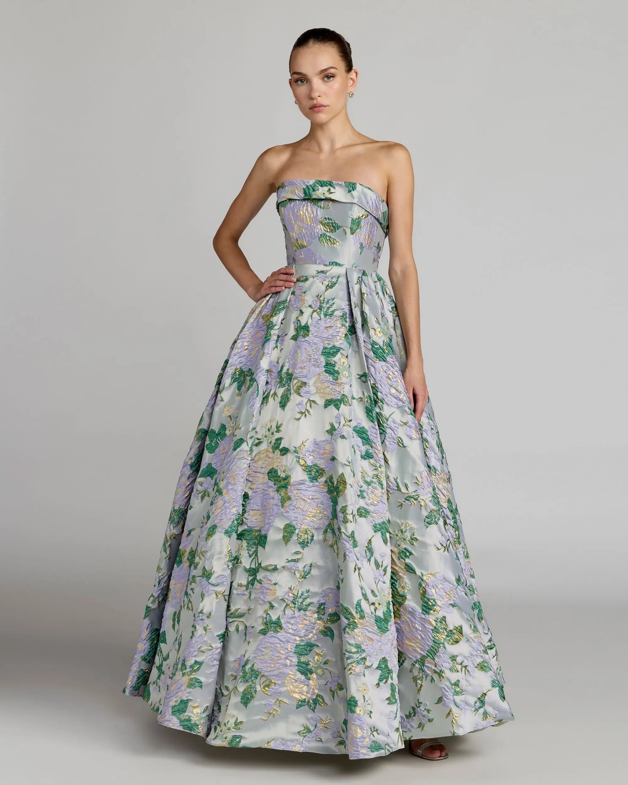 Image of Blue Multicolor Floral Strapless Brocade Ball Gown