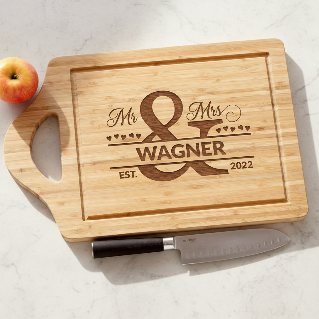 Personalized Mr and Mrs Cutting Board engraved for the couple.