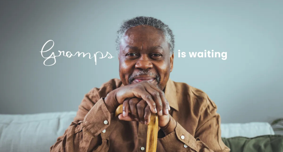 Image of Meals on Wheels client with text, Gramps is waiting.