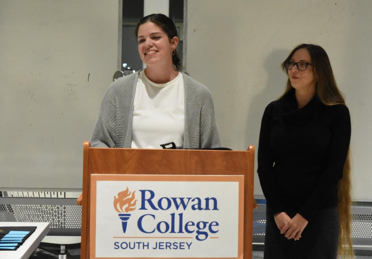 Rowan College of South Jersey professor speaks at podium