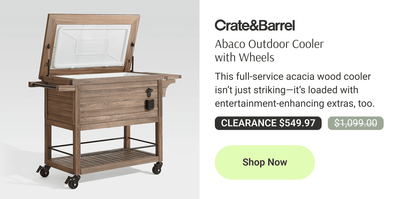 Abaco Outdoor Cooler with Wheels. This full-service acacia wood cooler isn’t just striking—it’s loaded with entertainment-enhancing extras, too.