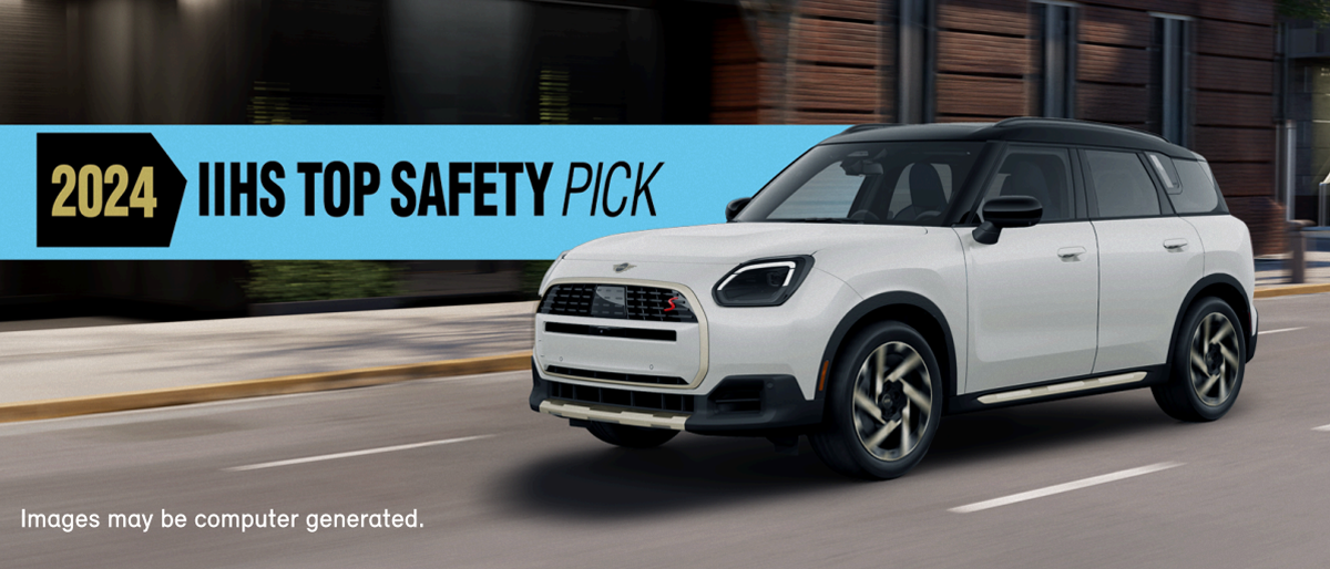 A MINI Countryman with a '2024 IIHS Top Safety Pick' banner
