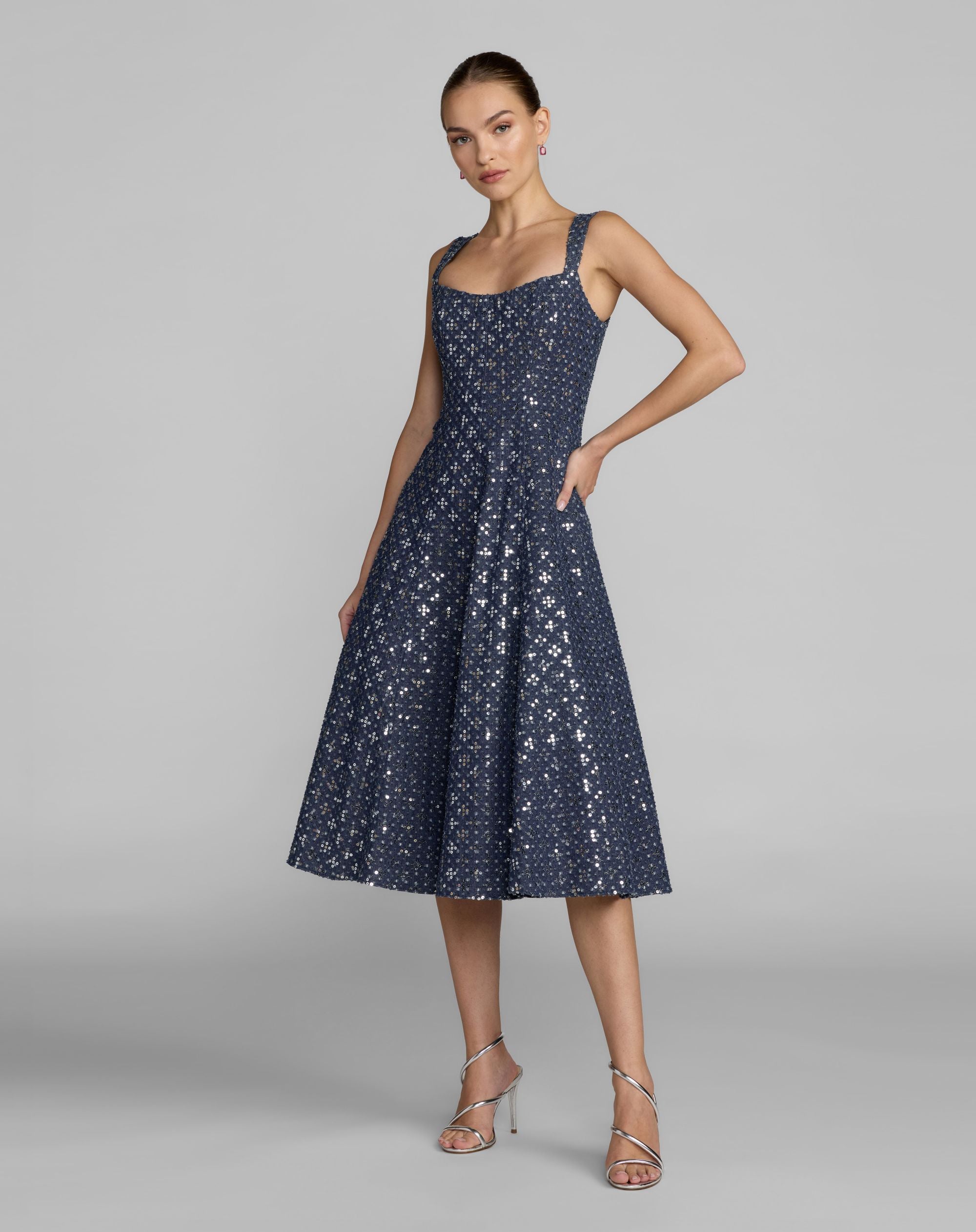 Image of Blue Sleeveless Sequin Denim Midi Dress