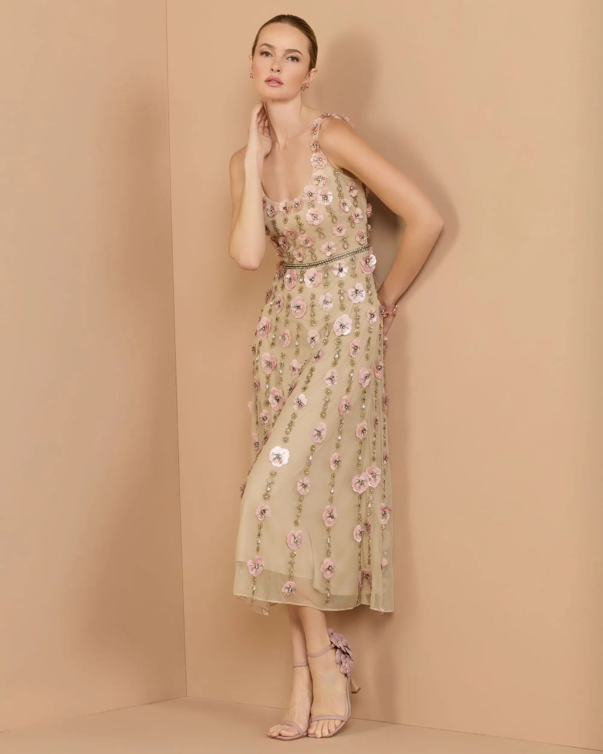 Image of Beige Sleeveless Scoop Neck Embellished Midi Dress