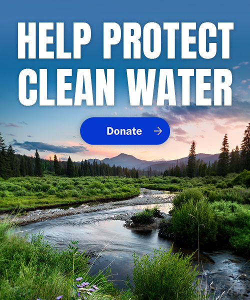 A mountain stream at sunset with text 
