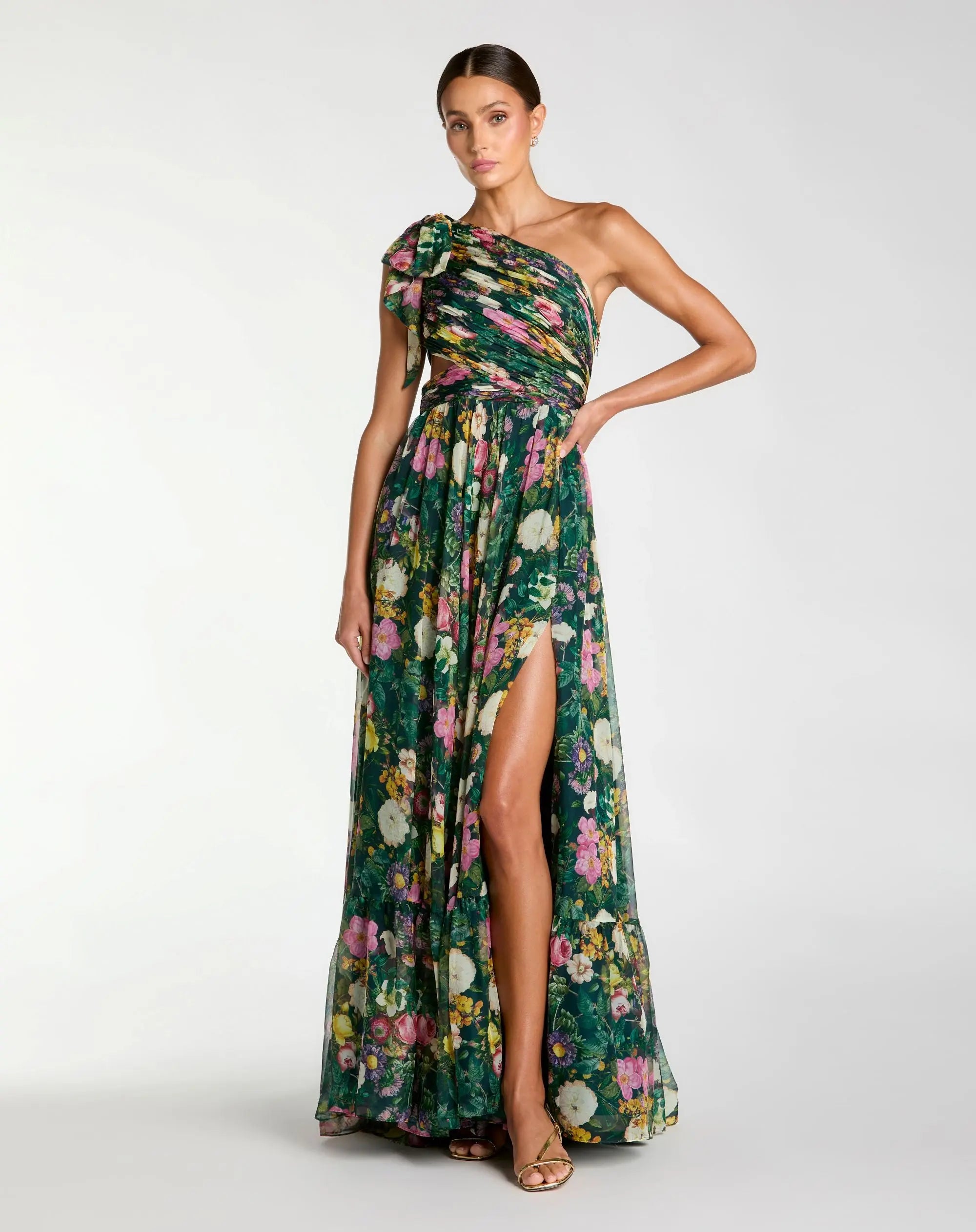 Image of Green One Shoulder Floral Printed Chiffon Side Cut Out Gown