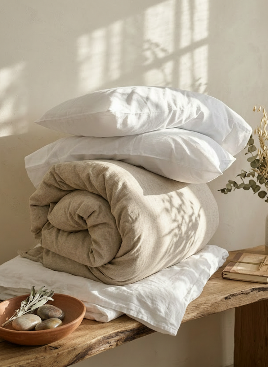 Stack of white pillows and a rolled beige duvet on a wooden surface.