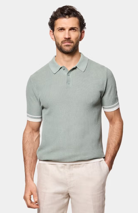 Slim Fit Sage Green Tipped Textured Rib Knitted Polo Shirt