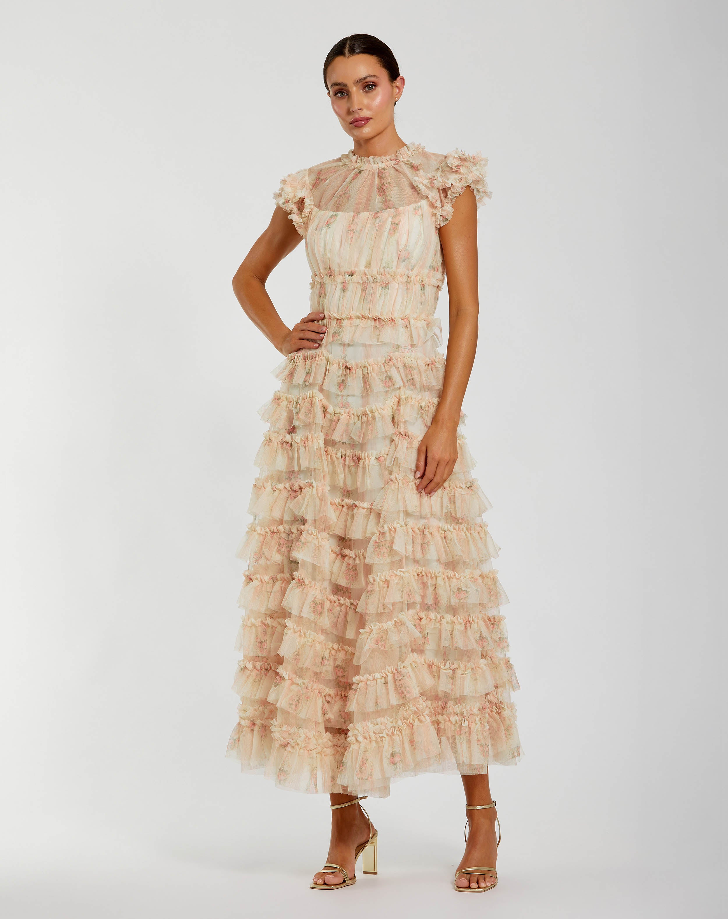 Image of Pink Cap Sleeve Micro Ruffle Floral Midi Dress