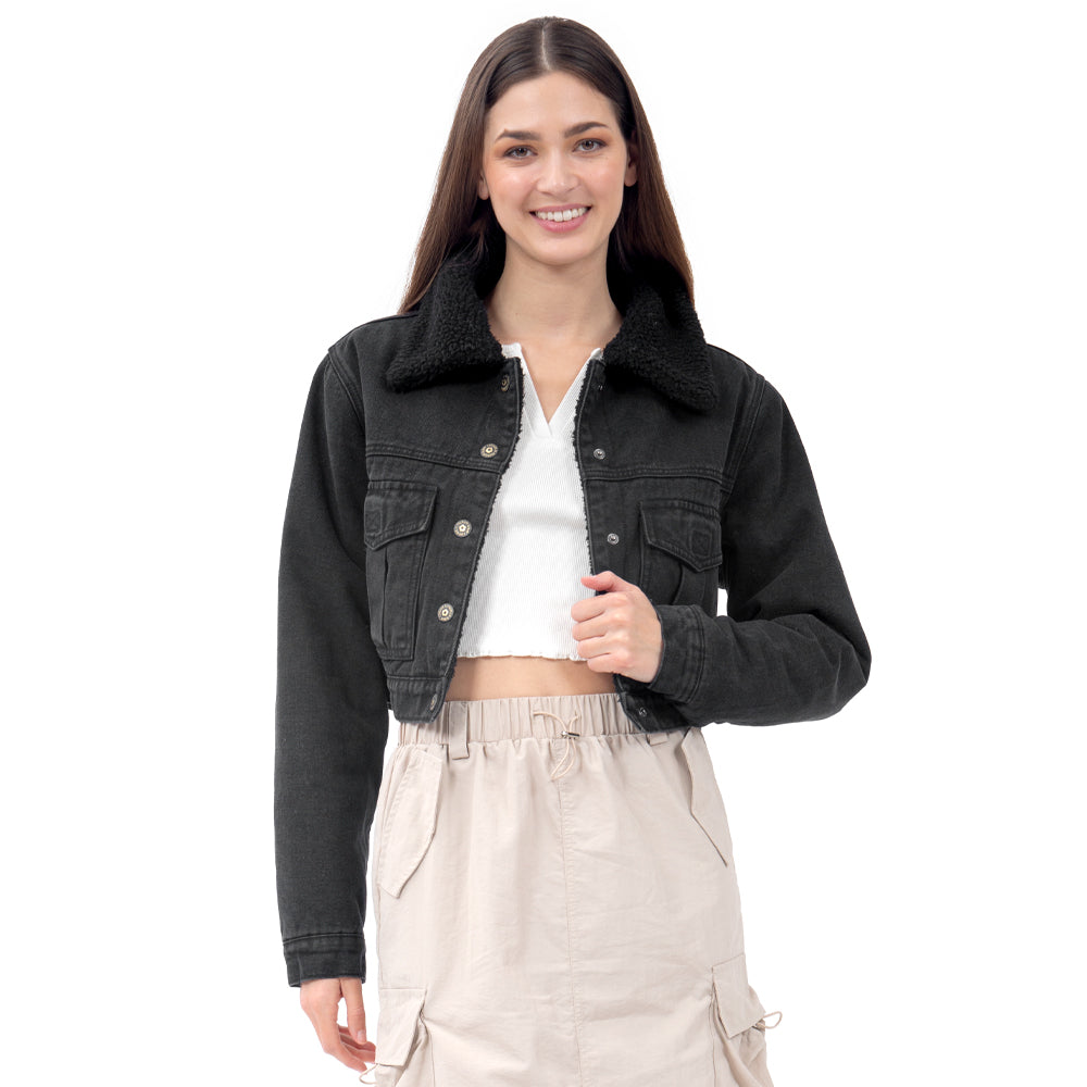Chamarra Crop Denim With Sherpa-NEGRO / M