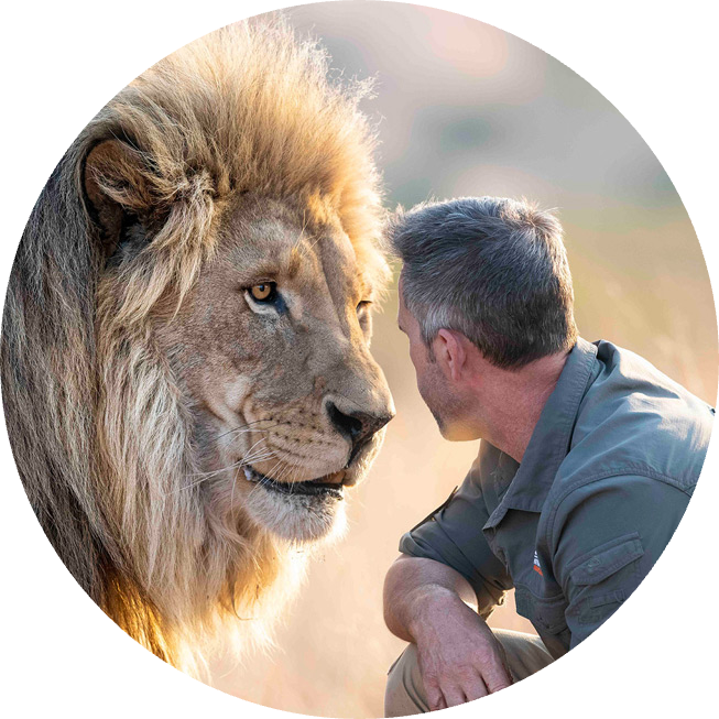 craghoppers ambassador the lion whisperer in his adventure shirt talking to his beloved lion