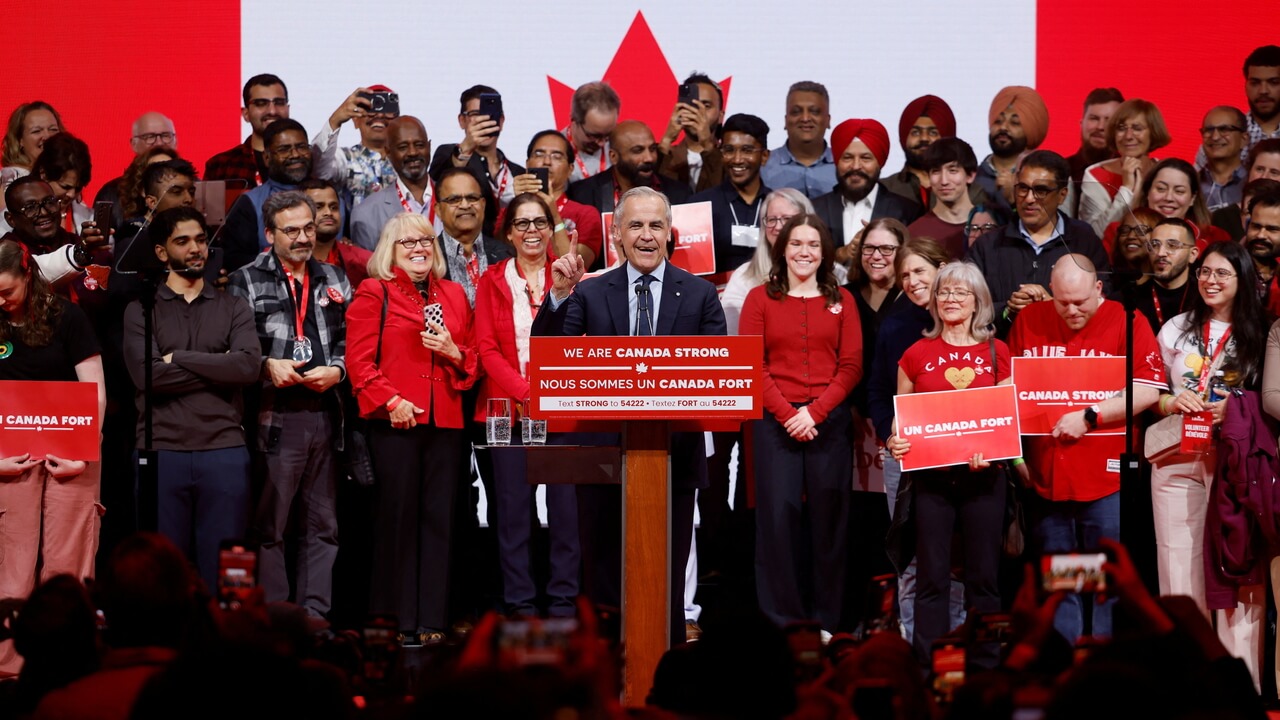Canada's Prime Minister Mark Carney speaks at the Liberal Party election night headquarters in Ottawa