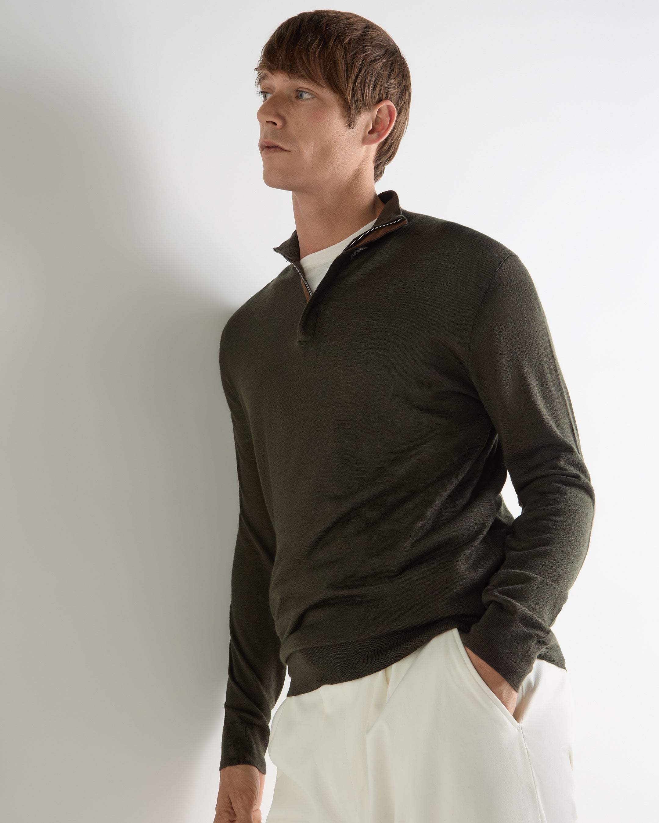 Image of Men's Regent Fine Gauge Cashmere Half Zip Sweater Arabica Khaki Green
