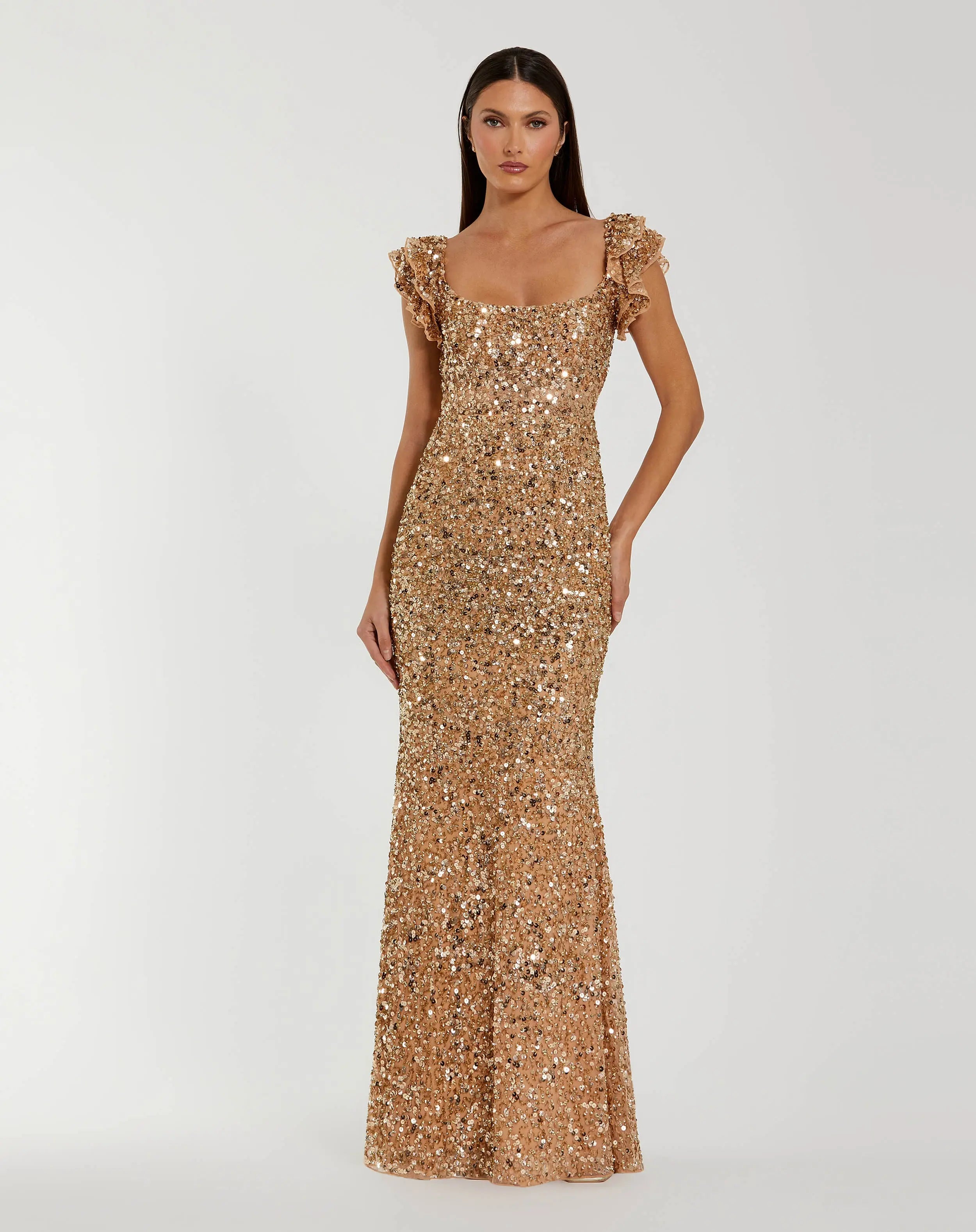Image of Gold Sequin Flutter Sleeve Trumpet Gown