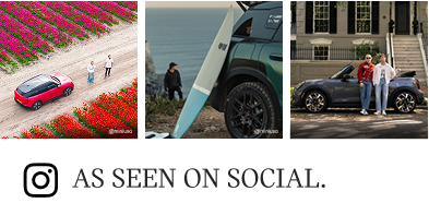A red MINI is shown parked among a tulip field. A surfboard leans on the side of a MINI. In the foreground, its owner walks from the ocean toward their MINI. Two MINI fans pose in front of a MINI Convertible.