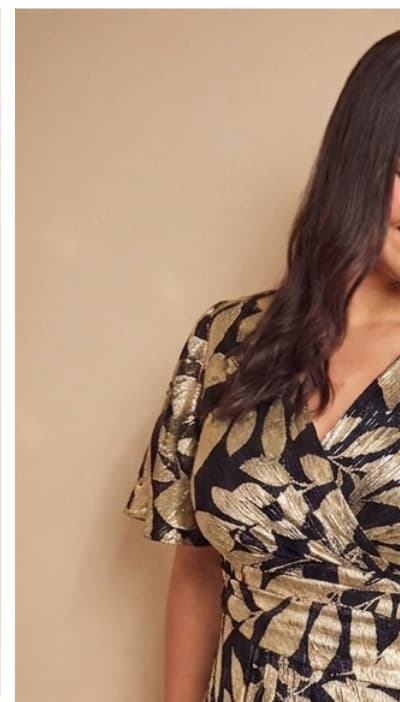 Plus Size Foil Leaf Short Sleeve Gown With Draped Details In Navy Gold
