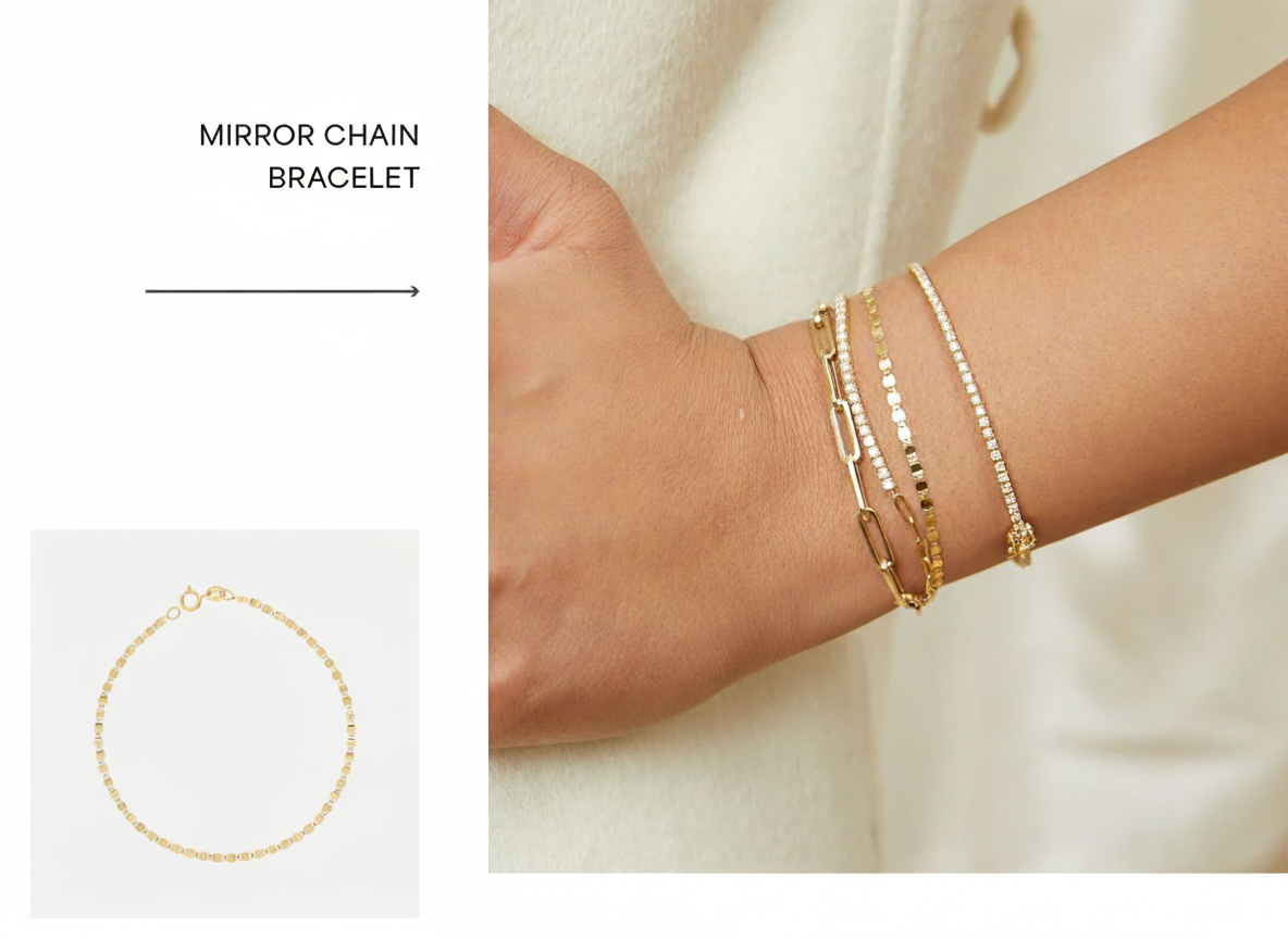 an image of a woman wearing a gold bracelet and a gold chain bracelet