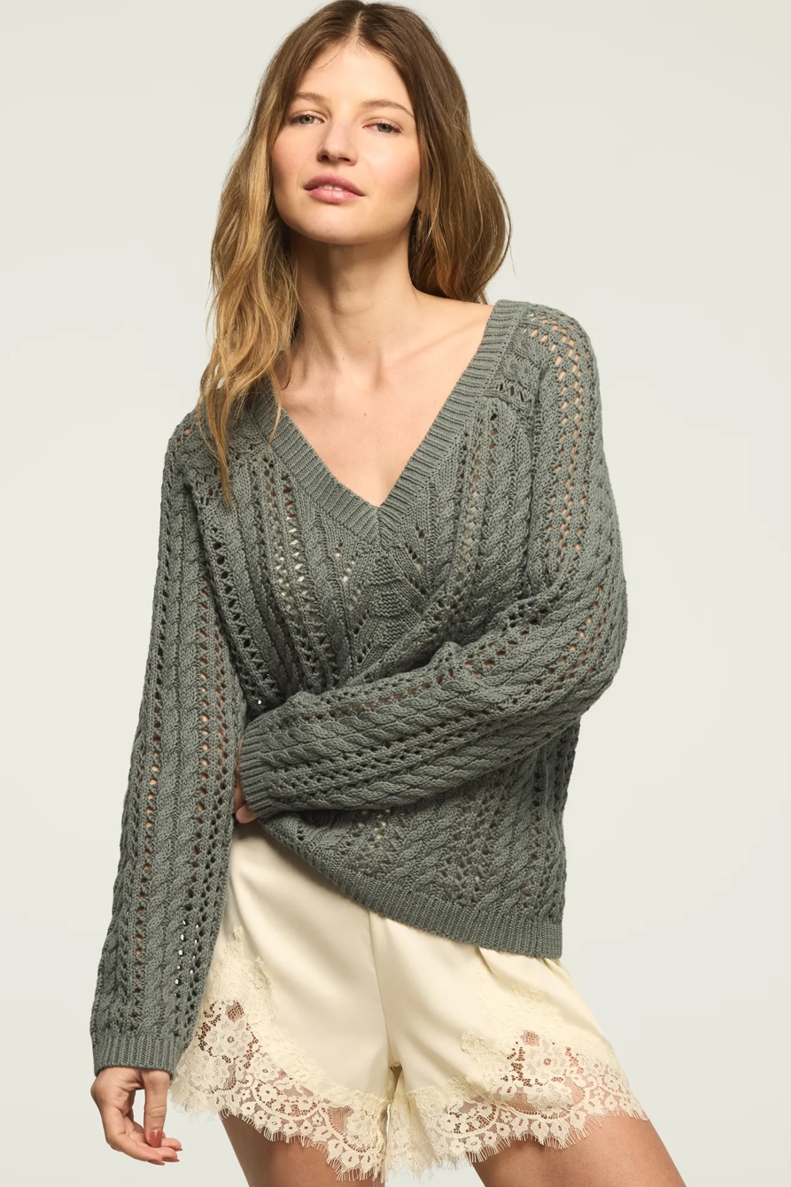 Image of Lucky Brand Open Cable V Neck Sweater - Women's Clothing Tops Sweaters in Rose Smoke