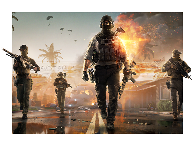 Art for Battlefield 6 depicting a downed airplane and explosions in the background as soldiers in tactical gear walk into the foreground.