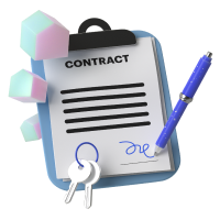 A 3D rendering of a clipboard with a contract being signed on it.