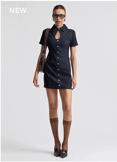 Stretch Denim Collared Keyhole Mini Dress