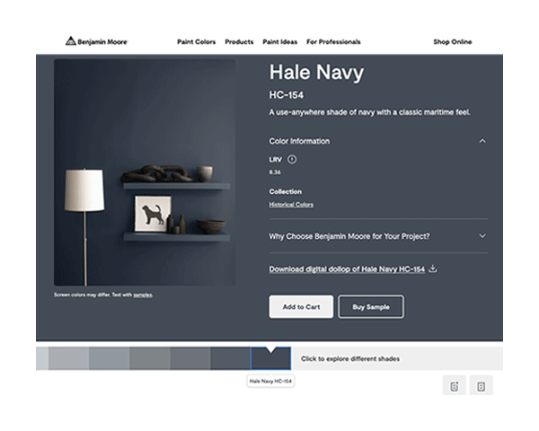 An animated example of a user trying out Benjamin Moore's shade finder tool.