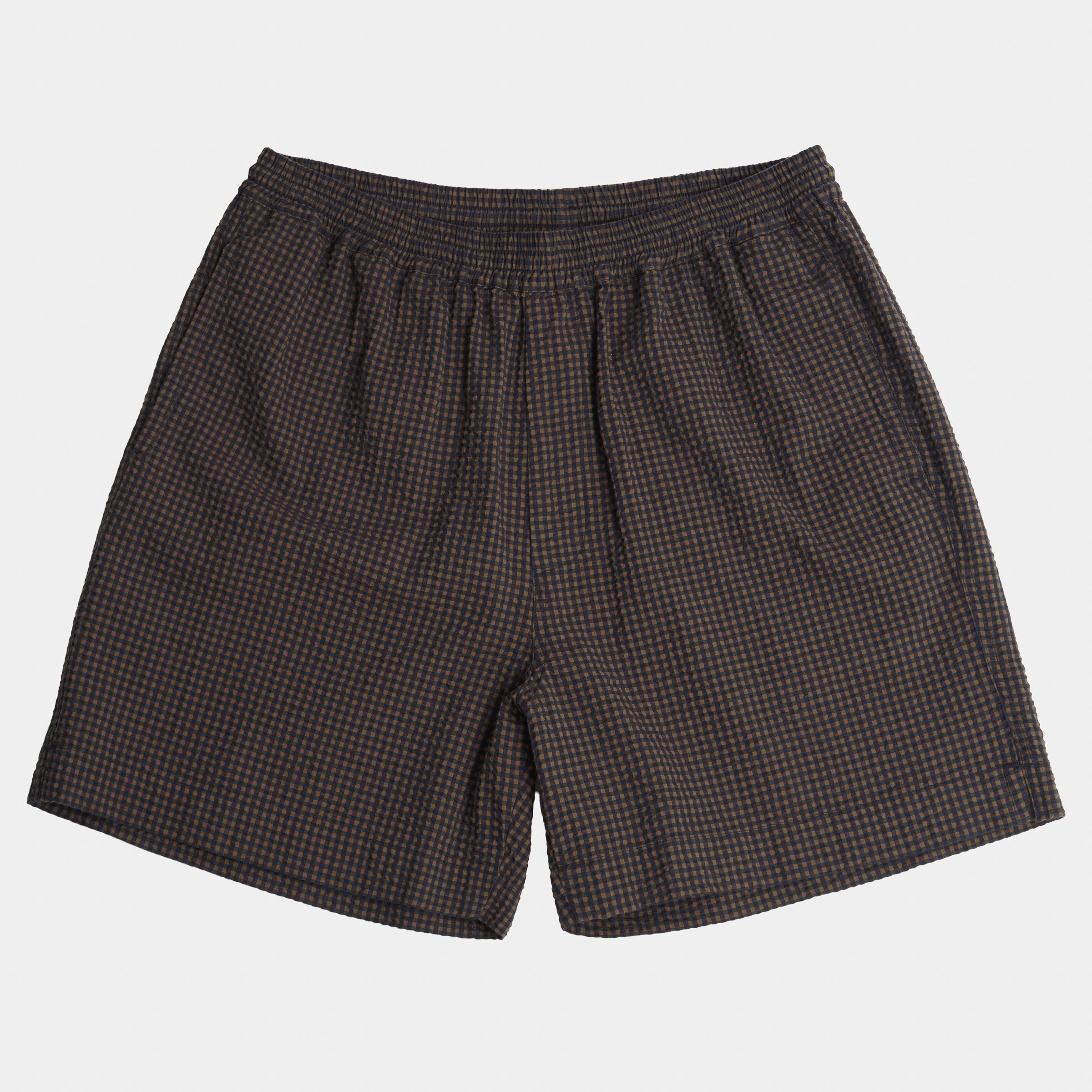 Image of Gingham Seersucker Relaxed Short in Brown Field Check