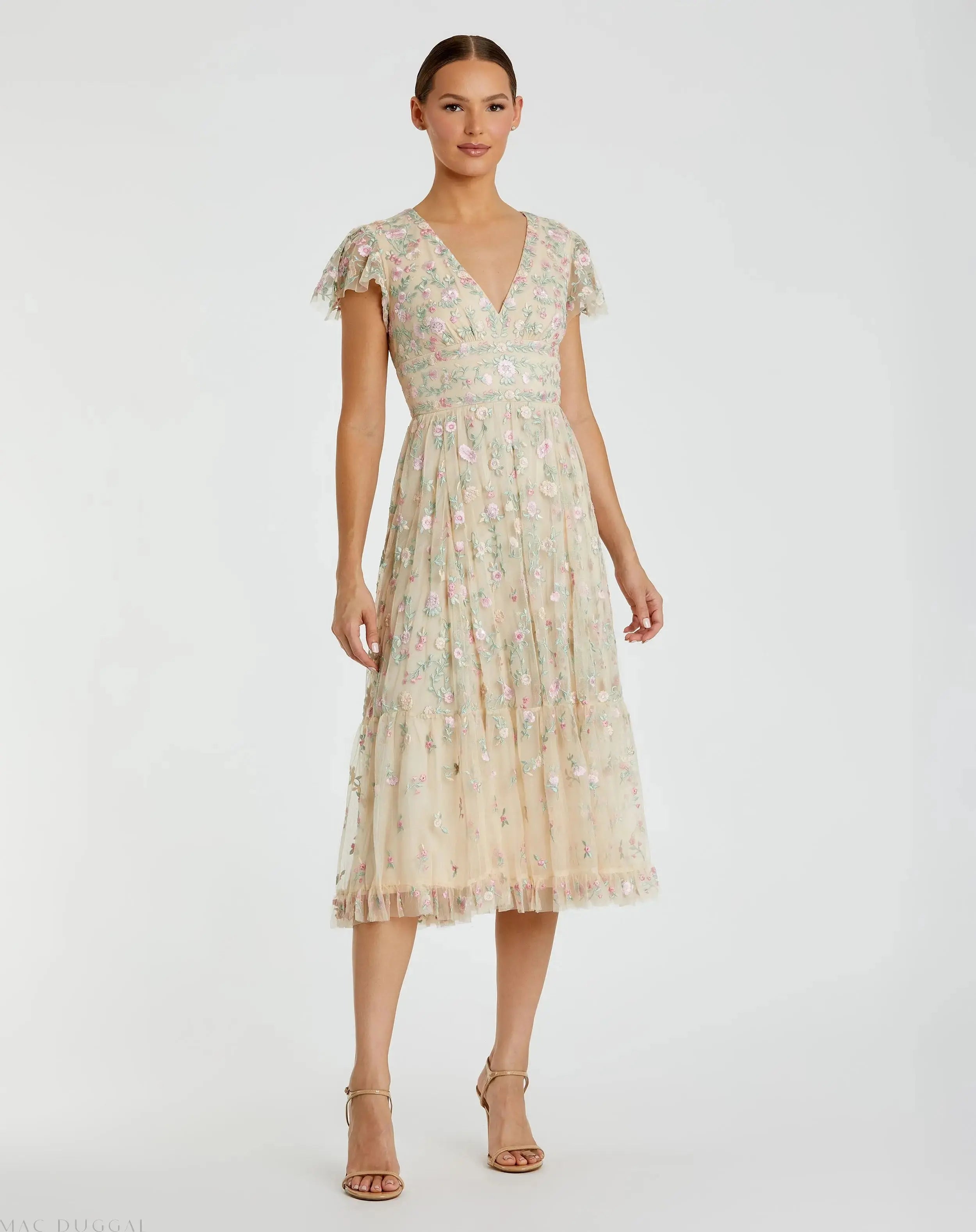 Image of Beige Multicolor Embroidered V Neck Cap Sleeve Midi Dress - FINAL SALE