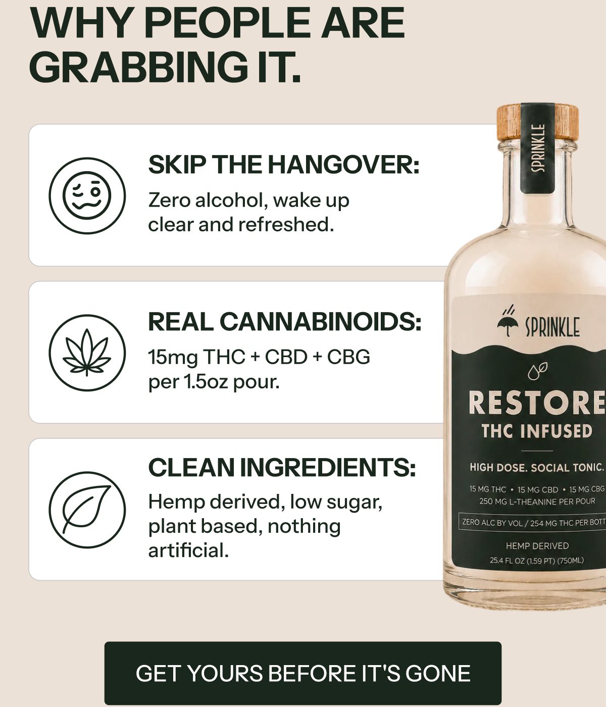 Text highlights benefits of THC-infused drink: skip hangover, real cannabinoids, clean ingredients.