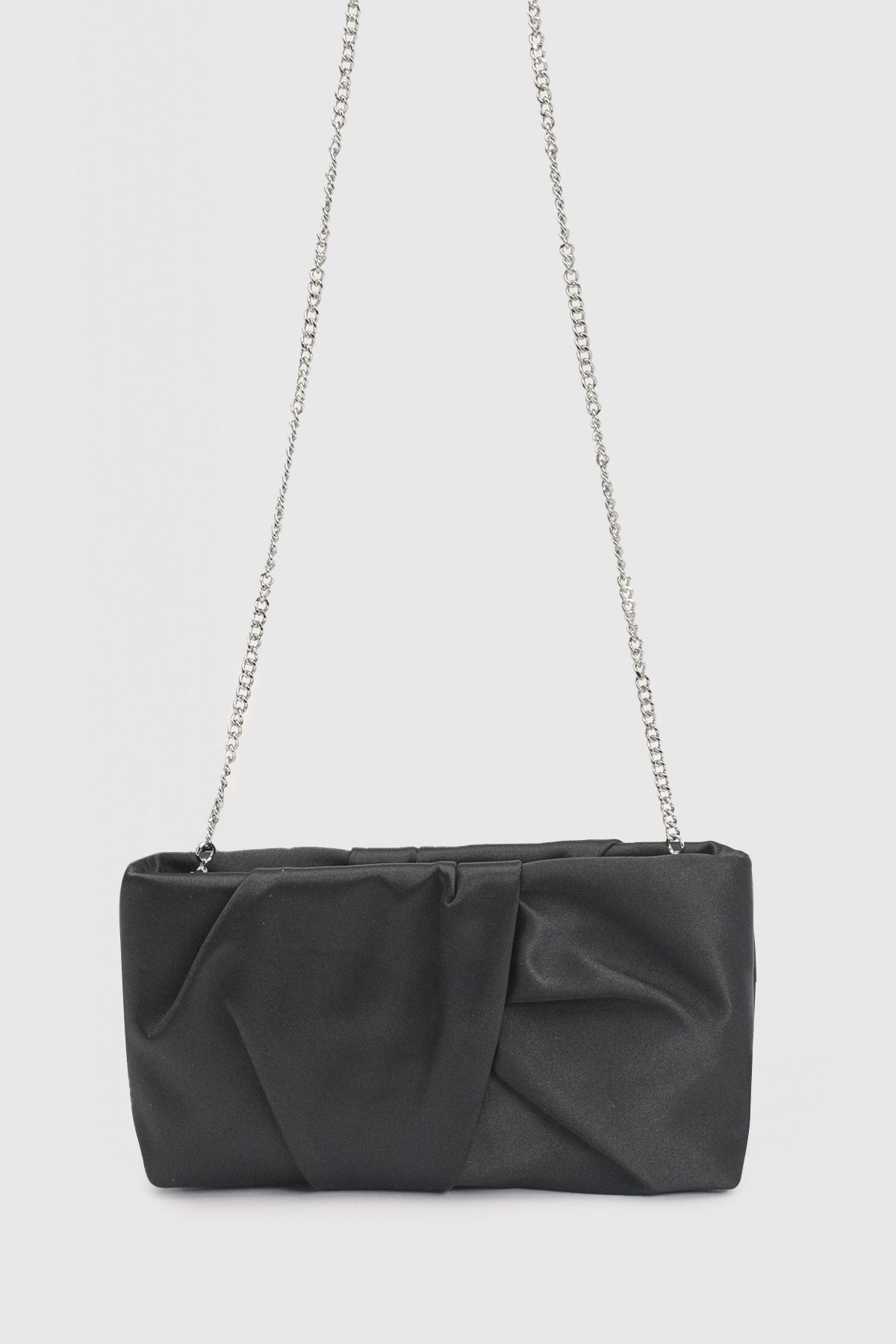 Black Ruched Satin Clutch Bag With Removable Shoulder Strap