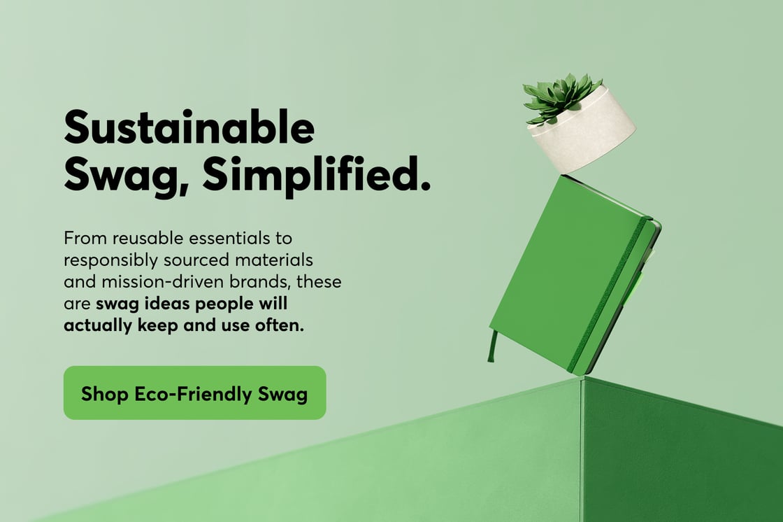 A green notebook and small plant balancing on a green block. Next to it, bold letters say, "Sustainable Swag, Simplified."