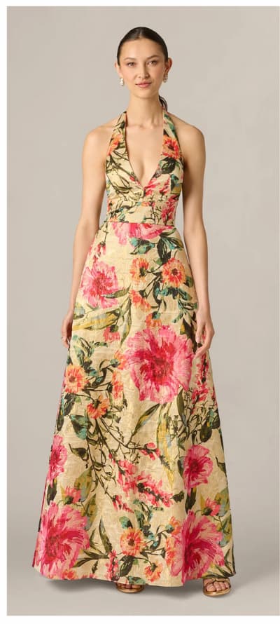 Floral Jacquard Plunge Neck Halter Ballgown In Pink Multi