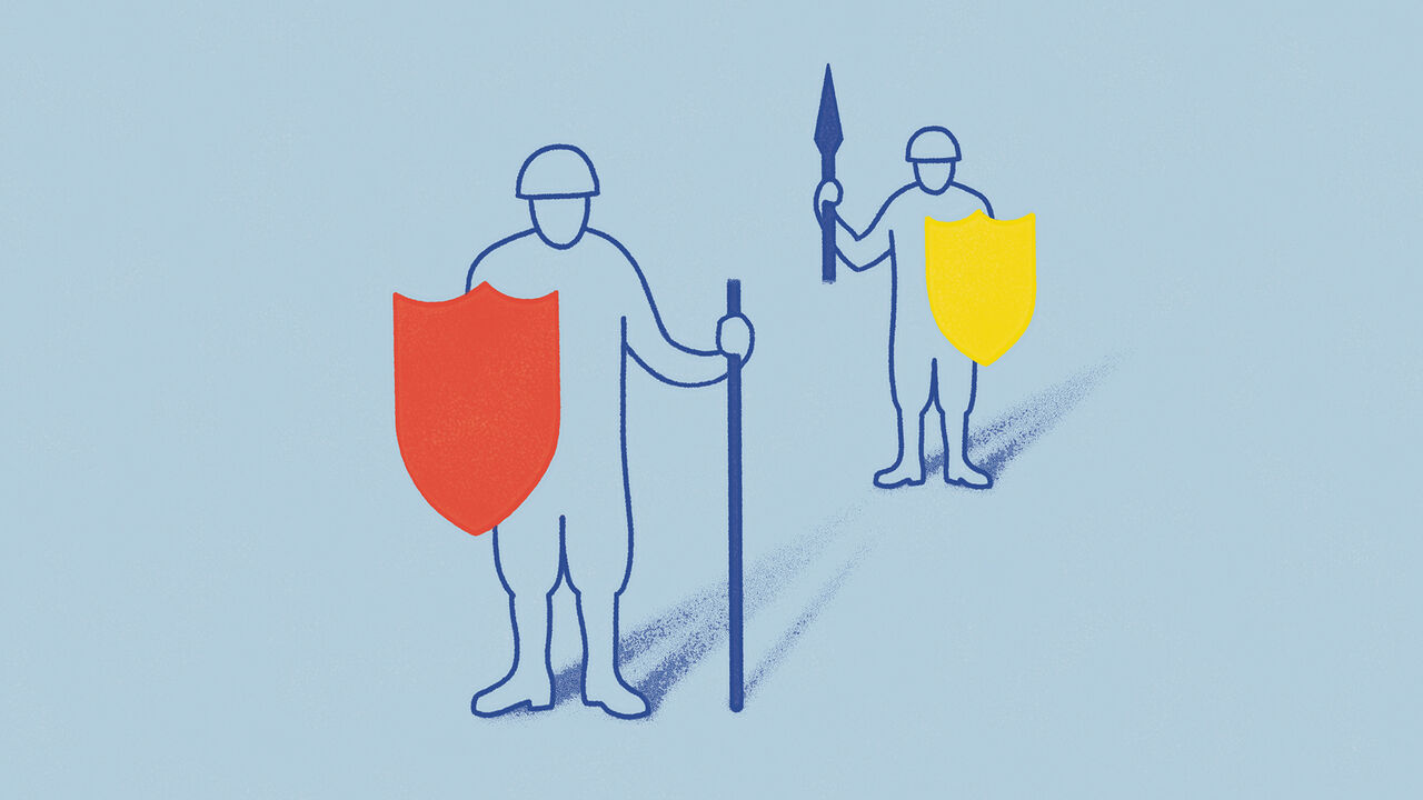 Two simple blue-outlined soldiers holding spears, one with a red shield in front and one with a yellow shield behind, on a light blue background.