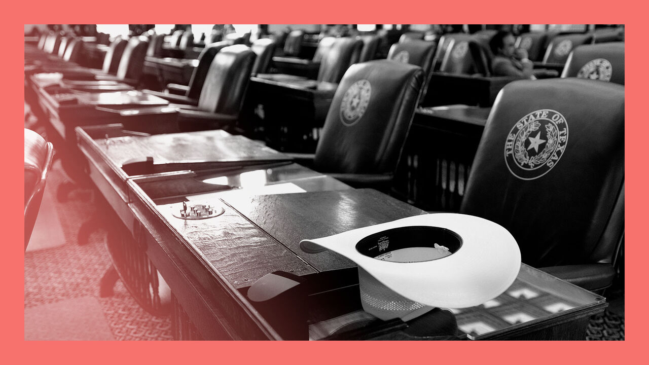 The Texas hat of State Rep. Cecil Bell, Jr. sits on an empty desk, with lots of empty chairs during the Texas House of Representatives session, Texas, USA.