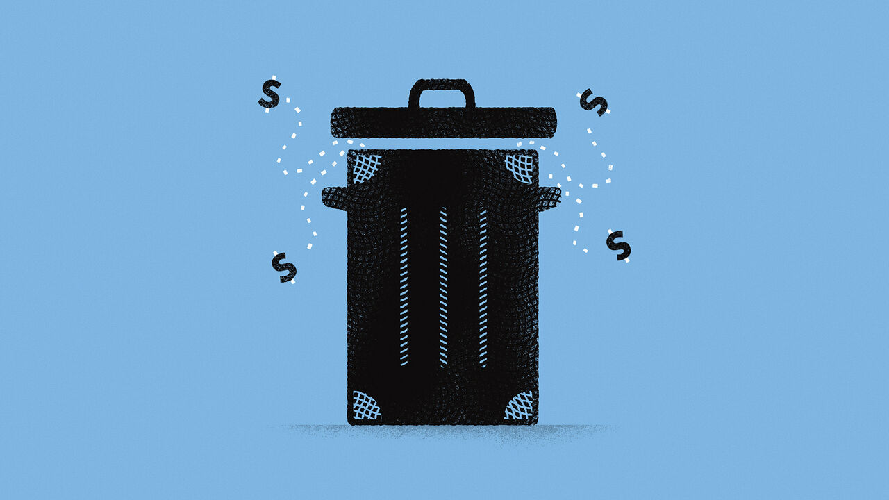 Illustration of a trash can with dollar signs coming out of it like flies.