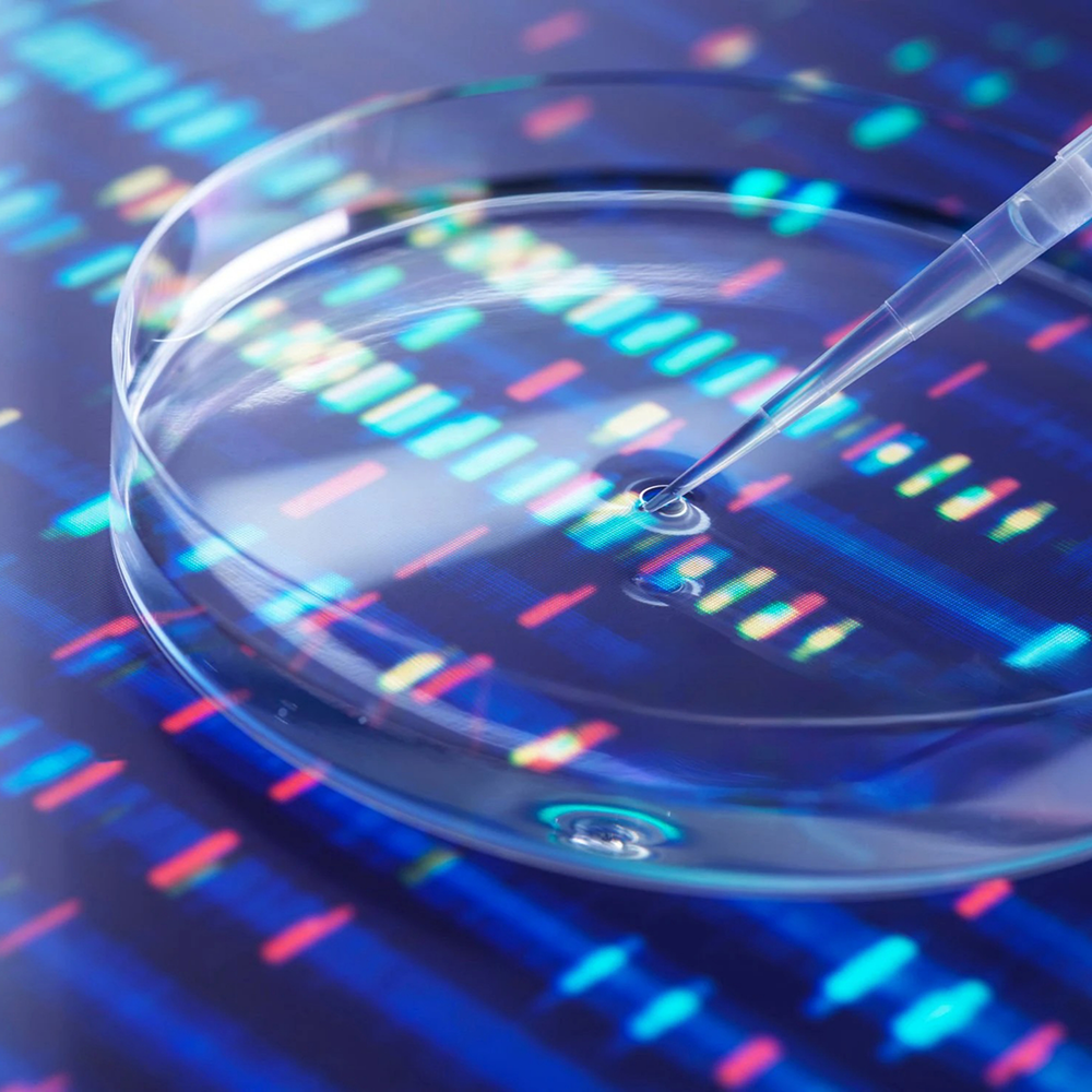A close-up of a petri dish and a pipette, hinting at scientific research with a backdrop of illuminated data patterns.