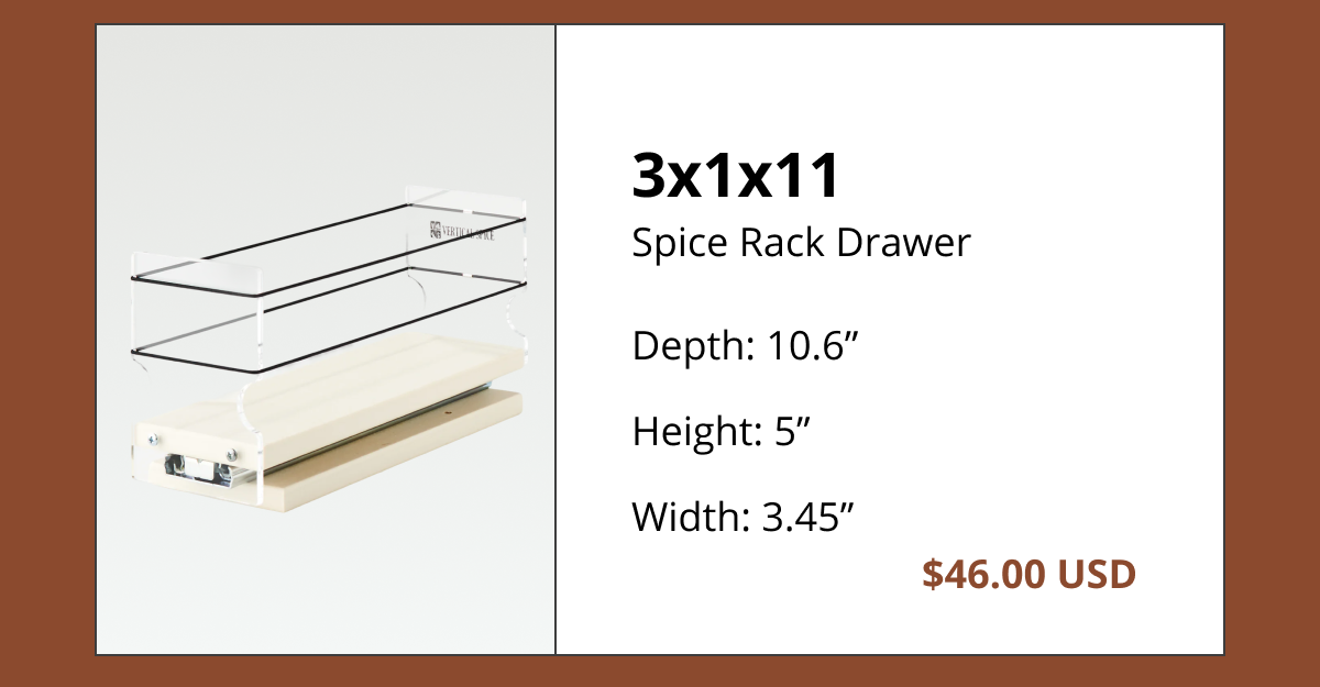 Slim spice rack drawer 3x1x11 designed for tight kitchen spaces and small cabinet gaps
