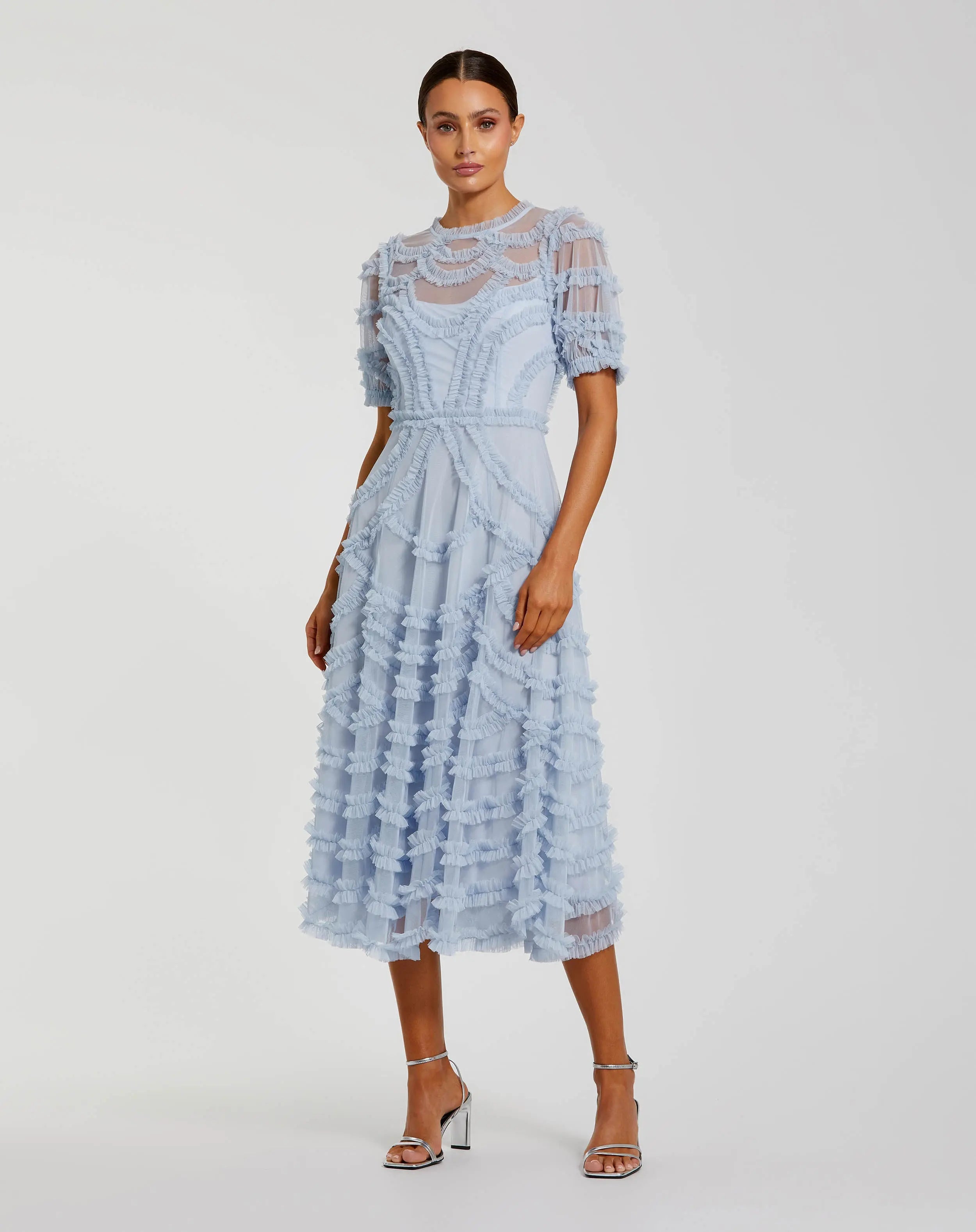 Image of Blue High Neck Short Sleeve Ruffled Midi Dress