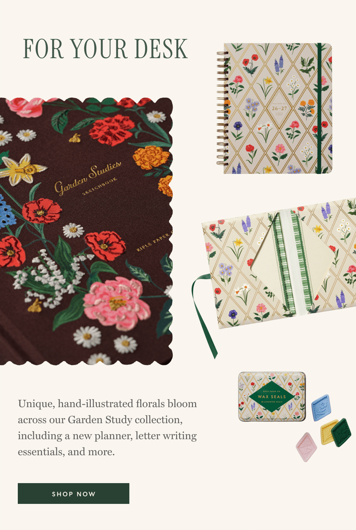 FOR THE DESK - Unique, hand-illustrated florals bloom across our Garden Study collection, including a new planner, letter writing essentials, and more. | SHOP NOW