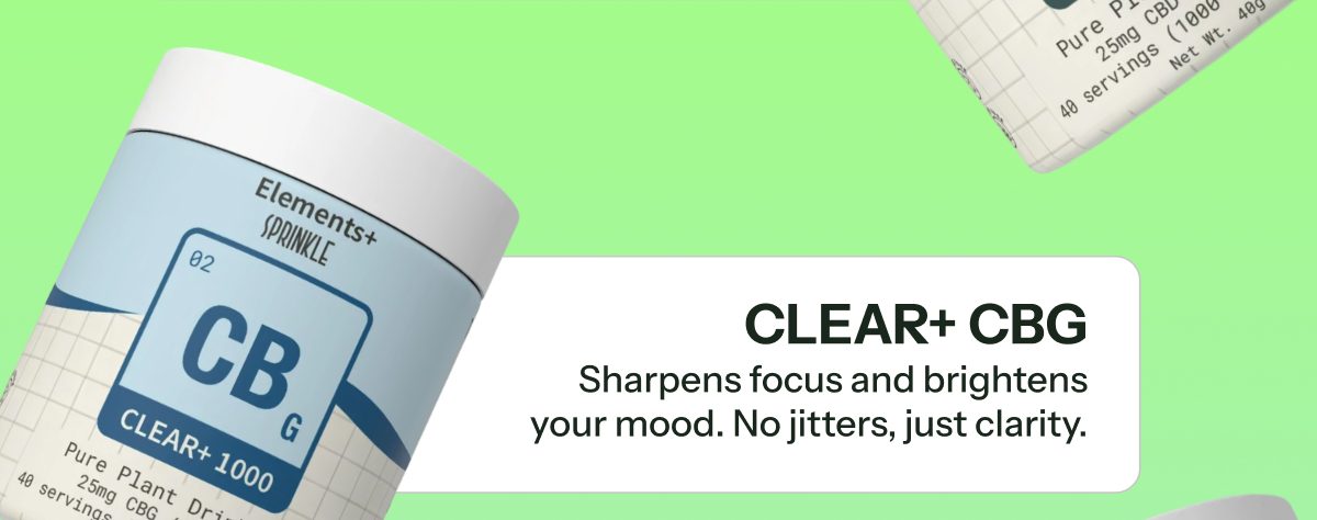 Clear+ CBG product with text highlighting its benefits for focus and mood.