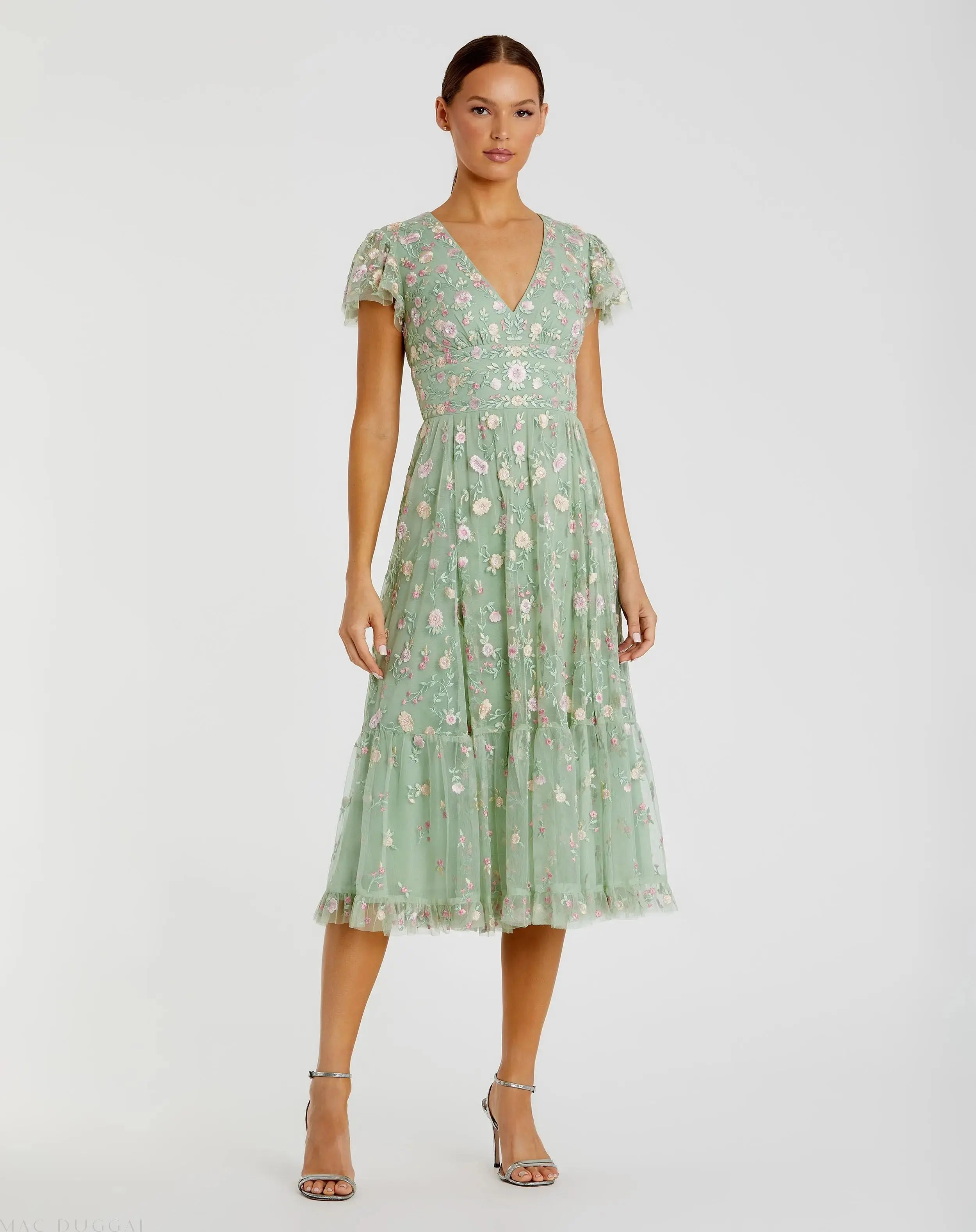 Image of Green Multicolor Embroidered V Neck Cap Sleeve Midi Dress