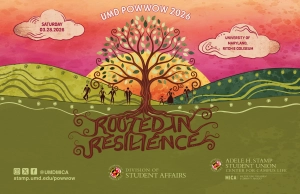 UMD Powwow 2026 promo, with sunset and tree roots that spell out, 