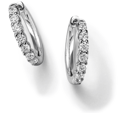 White gold diamond hoop earrings with a row of round diamonds.