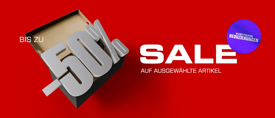 Red Background with Text: Sale up to 50% off selected items with further reductions.