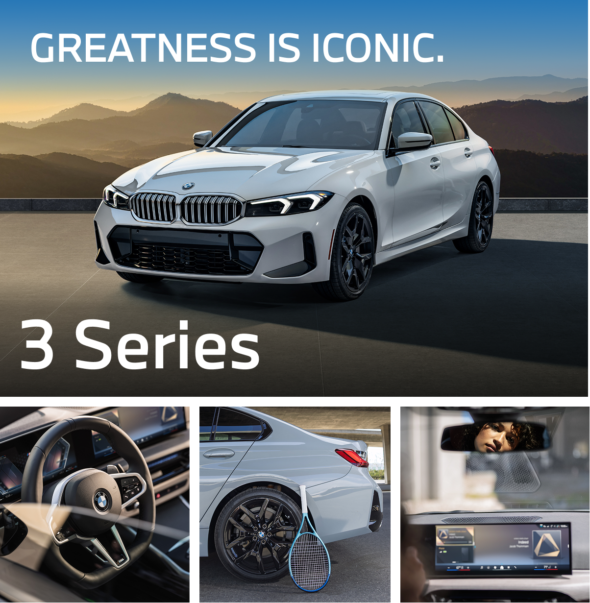 White 330i parked in front of mountains, showcasing interior finishes.