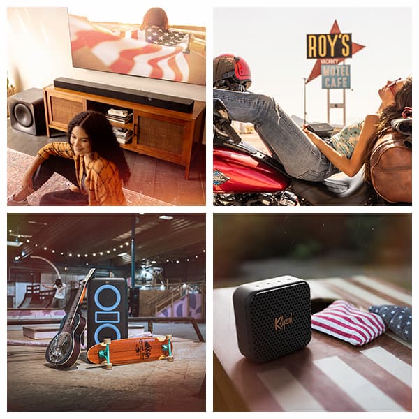 4 quadrant image: One with a young woman sitting in-front of a Flexus sound system, with woman trapped in the American flag on the tv. One with a young woman, leaned-back, feet -up on a motorcycle, holding and listening to a Klipsch Nashville portable speaker. One of a Klipsch New York party speaker in a skatepark, with a guitar and skate leaning on it. Last one has a Klipsch Austin portable speaker sitting on an American flag themed hacky sack board. Memorial Day Event Turn Up to 50% OFF  &nbsp; Turn up the volume on Legendary American Sound. Shop exclusive weekend deals and bring home legendary sound for less. SHOP NOW