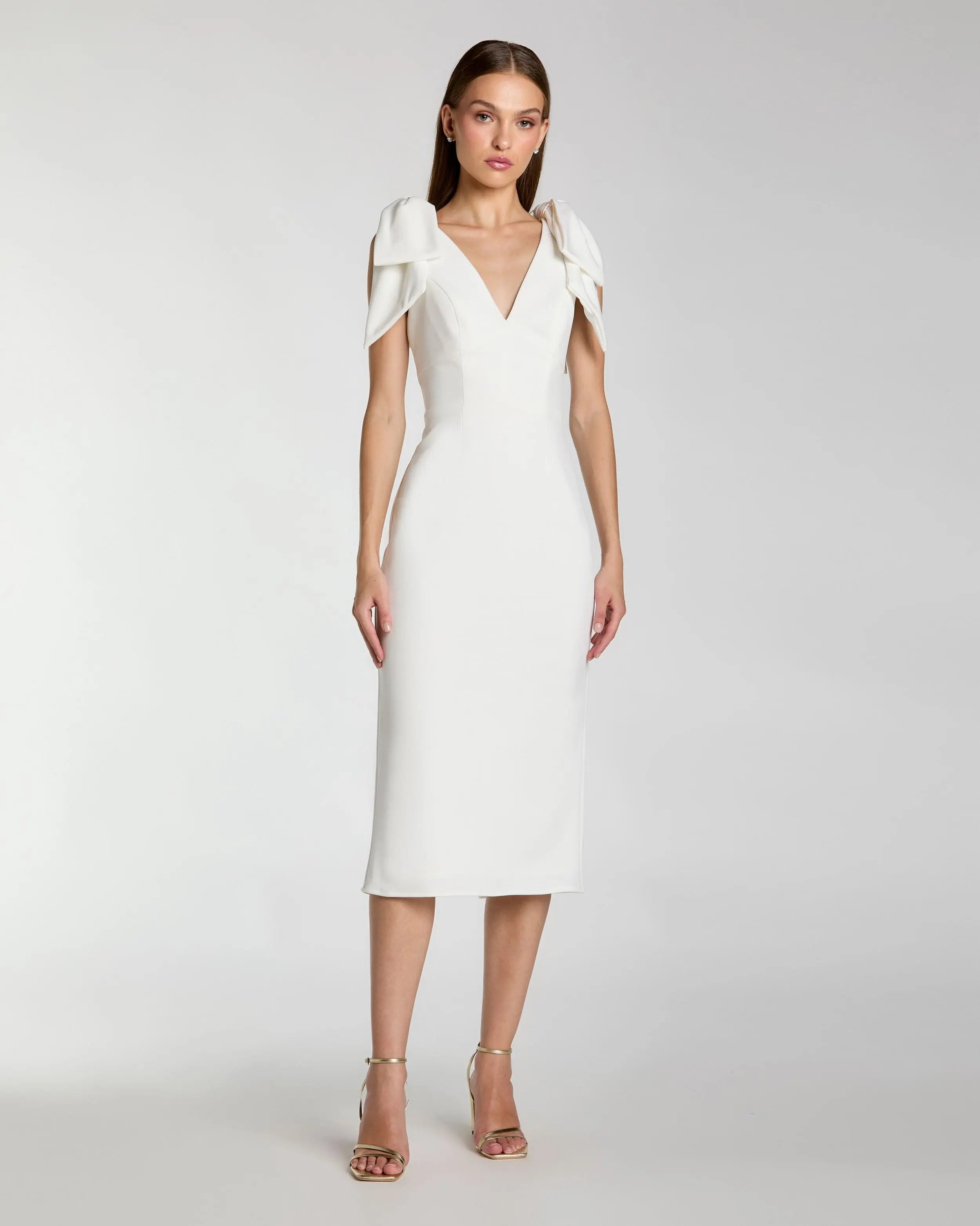 Image of White Sleeveless Crepe Midi Dress with Bow Straps