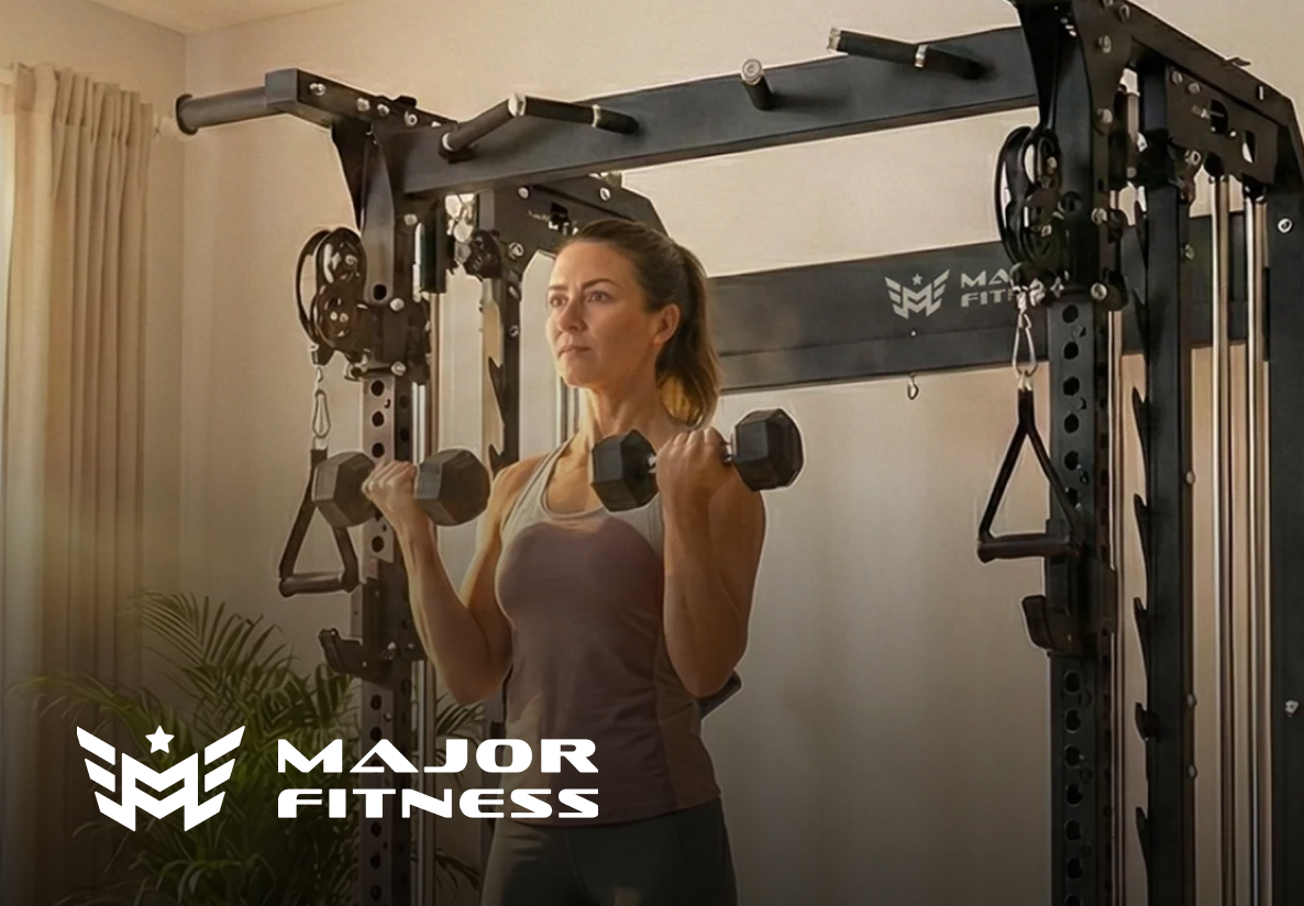 Woman working out in Major Fitness rack