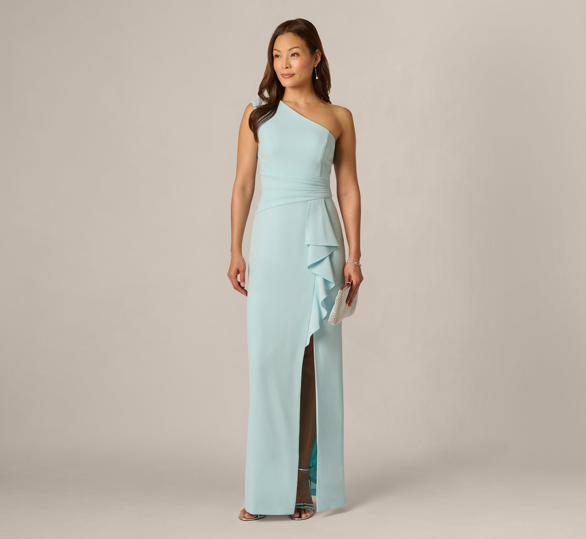 Image of One Shoulder Draped Ruffle Stretch Gown In Clear Sky